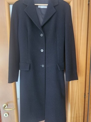 Max Mara Damen Mantel lang schwarz Wolle Gr. 42 Regular gefüttert mit Knöpfen