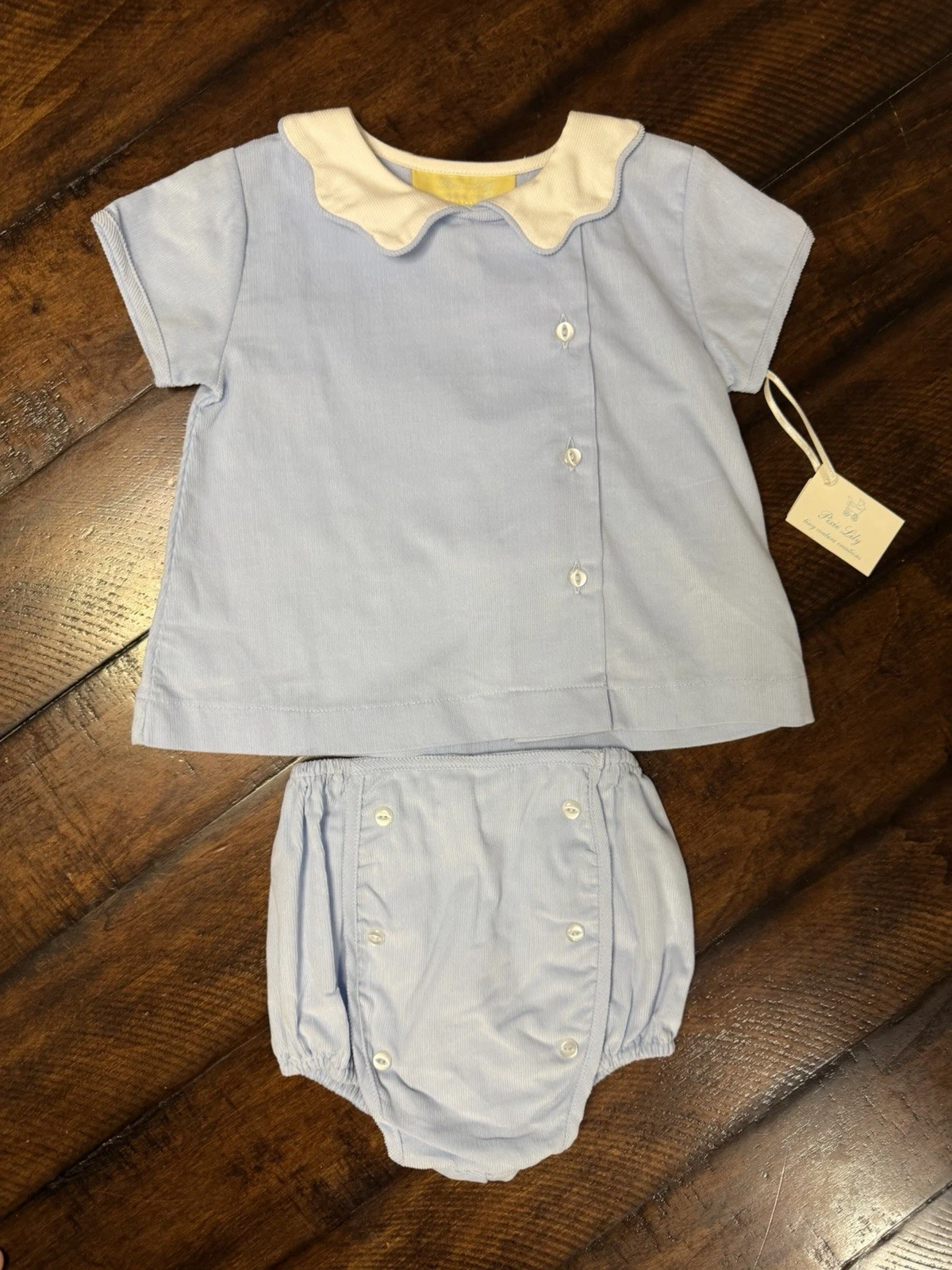 NWT Pixie Lily Diaper Set Blue And White Soft Corduroy Size 6 Months
