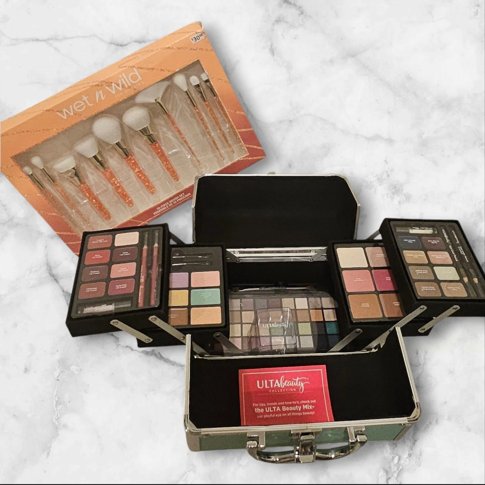 New ULTA Makeup Kit Train Case 72 Pieces + Wet & Wild 10 Pieces Brush Set