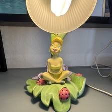 Disney Tinker Bell Lamp 2005 Green Leaf Base Purple Flowers Ladybug