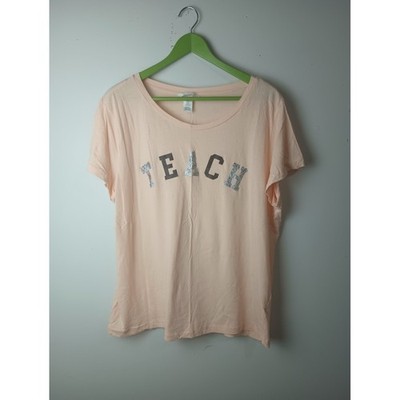 H&M Peach Teach Silver Glitter Graphic T-Shirt Womens XL Short Sleeve Cotton