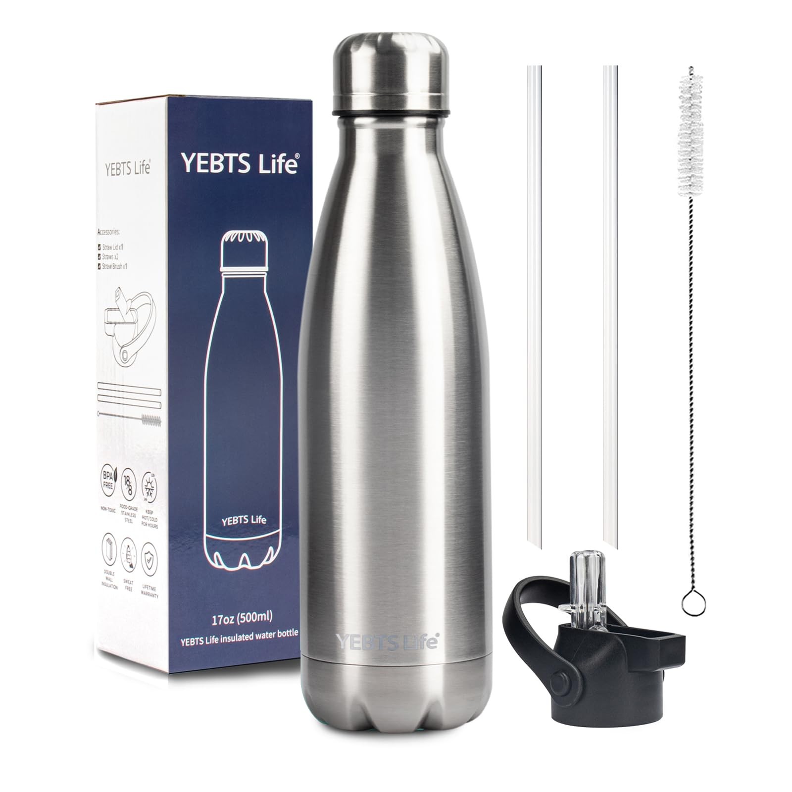 ,17oz Stainless Steel Water Bottles With Straw Lid, Met...
