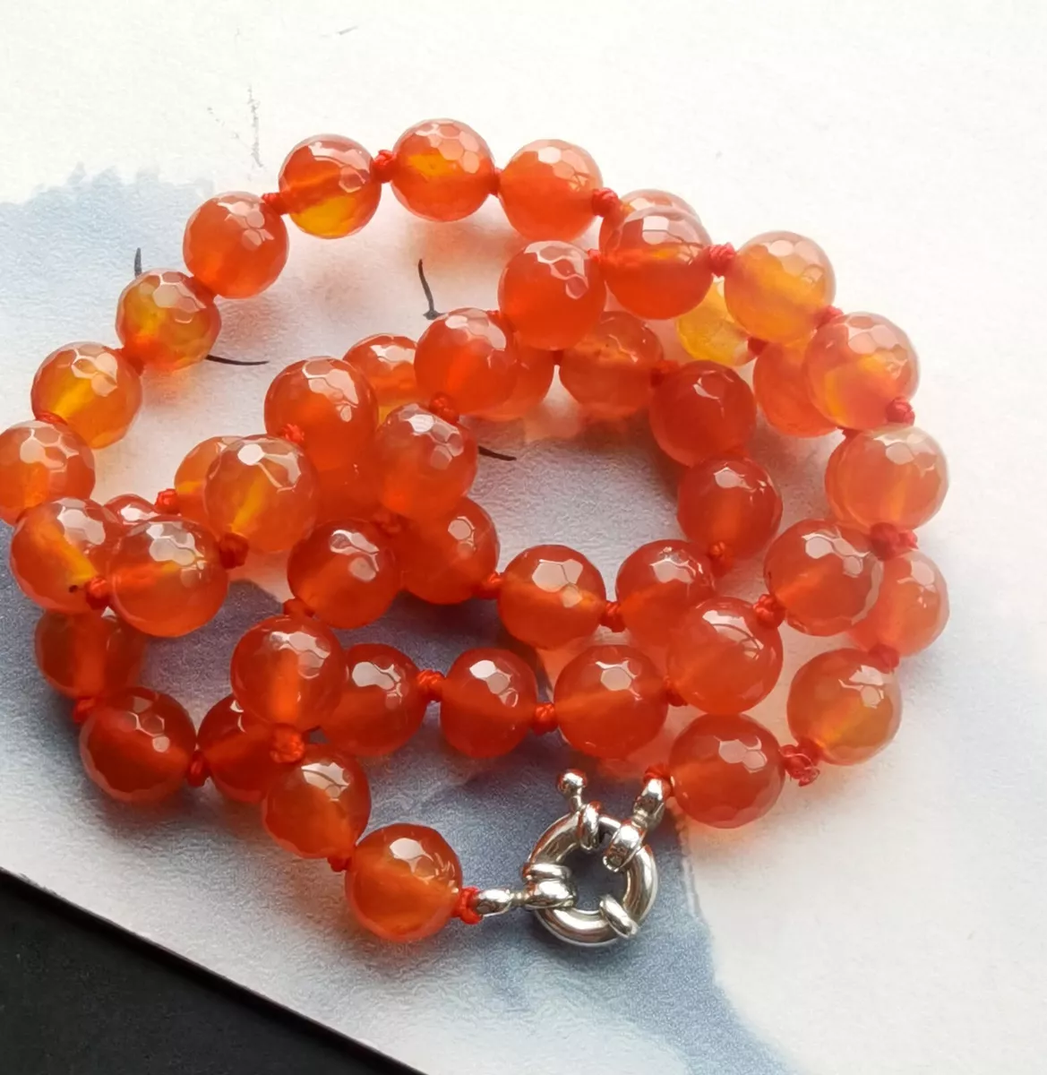 Faceted orange red agate necklace Round charm 8mm Beaded Knotted