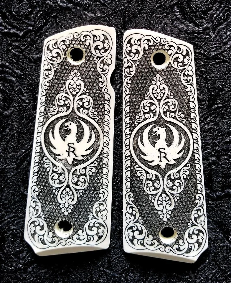 COLT 1911 Full Size Ruger SR1911 custom ivory 3D engraved grips Scroll Dragon