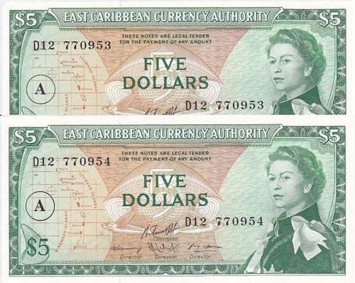 EAST CARIBBEAN 5 Dollars 1965 P14i Elizabeth II - UNC Pair 770953-770954 Ovpt A - Picture 11 of 12