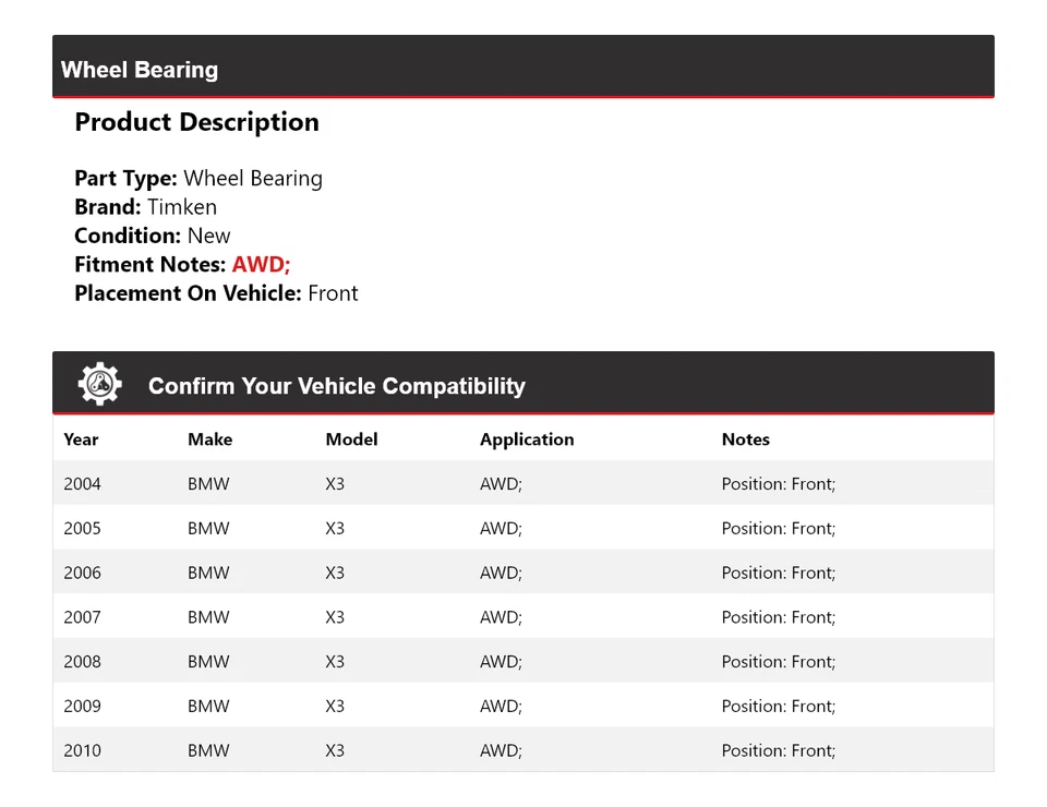 Cojinete de rueda delantero Timken 2005 2006 2007 2008 2009 para BMW X3 2004-2010 AWD Foto 2 de 4
