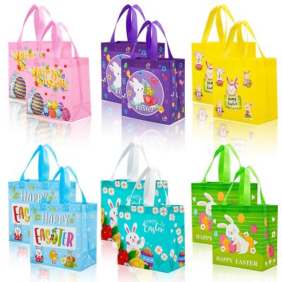 12Pcs Easter Non-woven Bags With Handle Happy Gift for Kids Treat Rabbit Bunn...