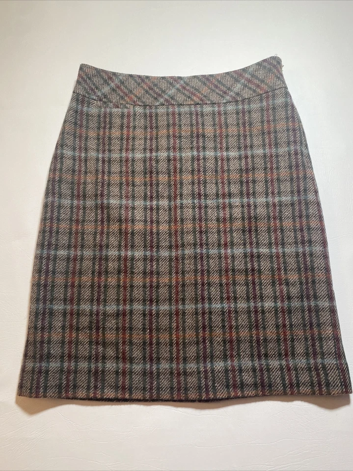 RARO LL Bean Talla 6 Lana Reg Nylon Cuadros Falda Lápiz Recta Carrera Marrón