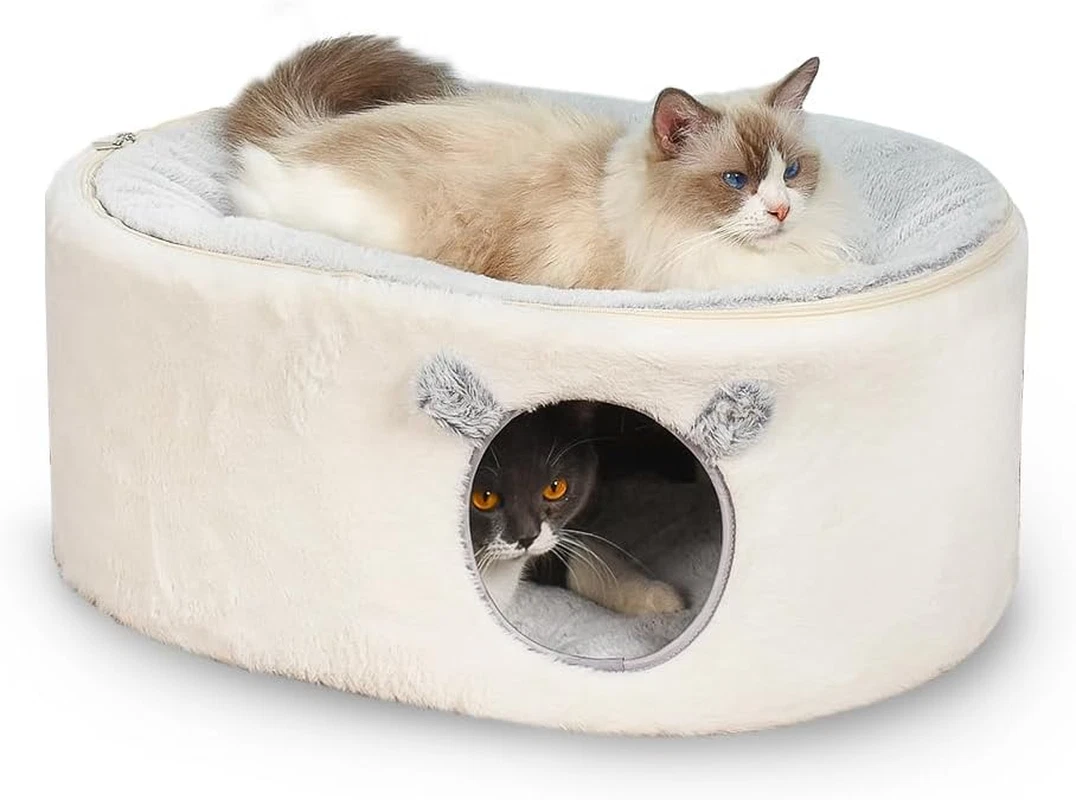Cat Bed for Indoor Cats, Fluffy Cat Cave Large Enclosed Cat House Pet Bed Hammoc