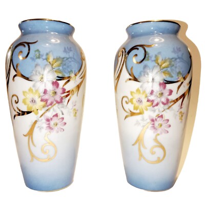 2 F.M. Porcelain Gold Flower and Scroll Decorated Enameled Vases 1943 Limoges