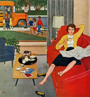 Collectable Saturday Evening Fridge Magnet Woman rests after school bus am