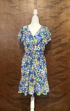 Maggy London Ruffle Sleeve Belted Fit & Flare Dress Womens 10 Blue Floral Lined