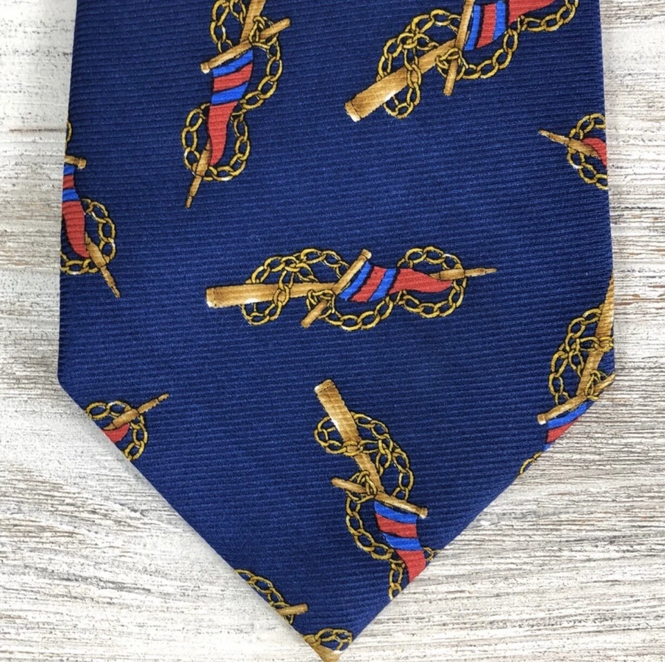 Chanel Paris Gold Bracelet Red Flag Blue Silk Tie ~ Made in Italy ~ 3.75” - Image 3 of 4