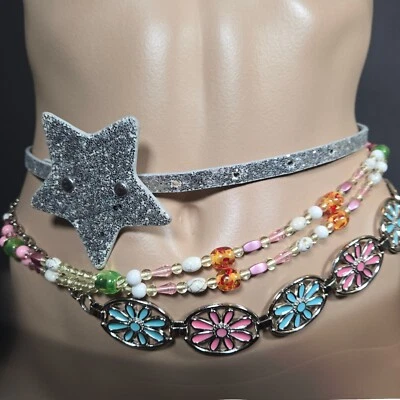 Y2K Belts Chain Beaded Star Belt Size XS Lot Of 3 Fairy Boho Mermaid Pink Blue - image 1 of 4
