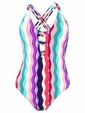 $88 Bar III Waves Printed Strappy High Leg One-Piece Swimsuit Size Small