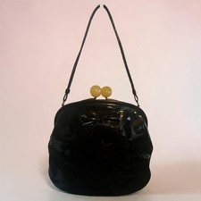 1950 Black Patent Leather Coronet Large Purse Lucite Closures Double Handle