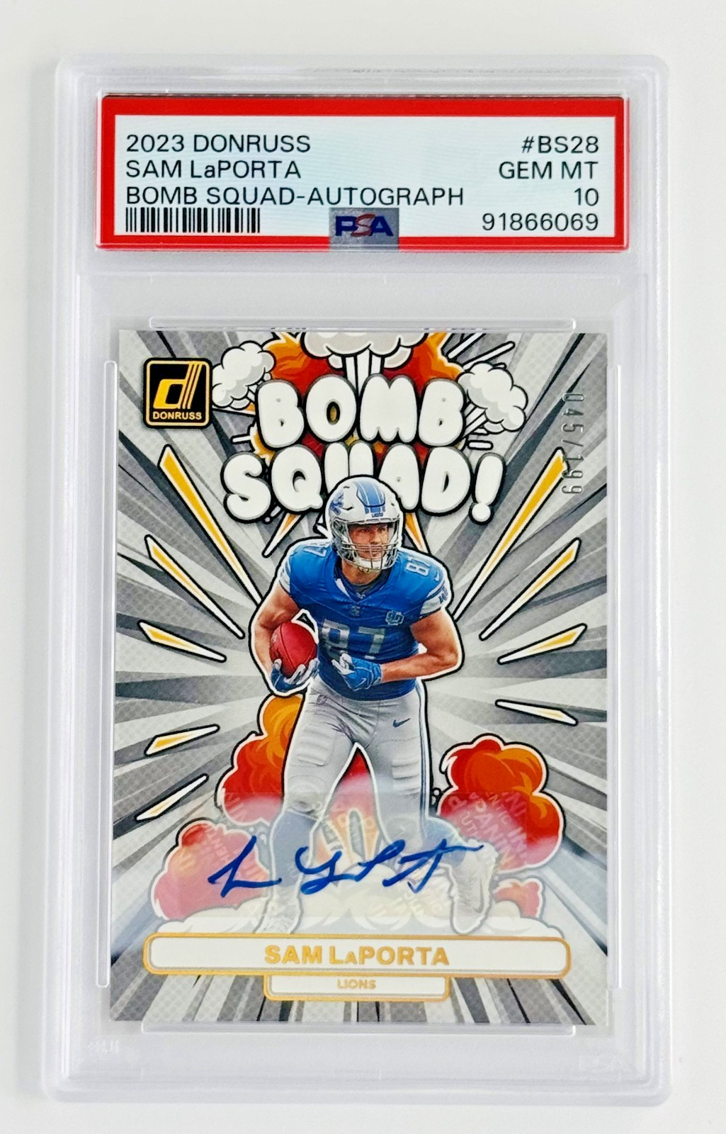 2023 Donruss Sam LaPorta Bomb Squad Auto /199 PSA 10 Lions RC Rookie Iowa