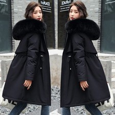 Womens Fleece Lined Fur Collar Parka Coat Winter Warm Long Hooded Quilted Jacket