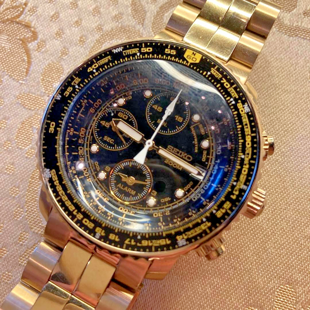 USED Excellent] Seiko Flightmaster SNA414P1 7T62-0EB0 Gold Black