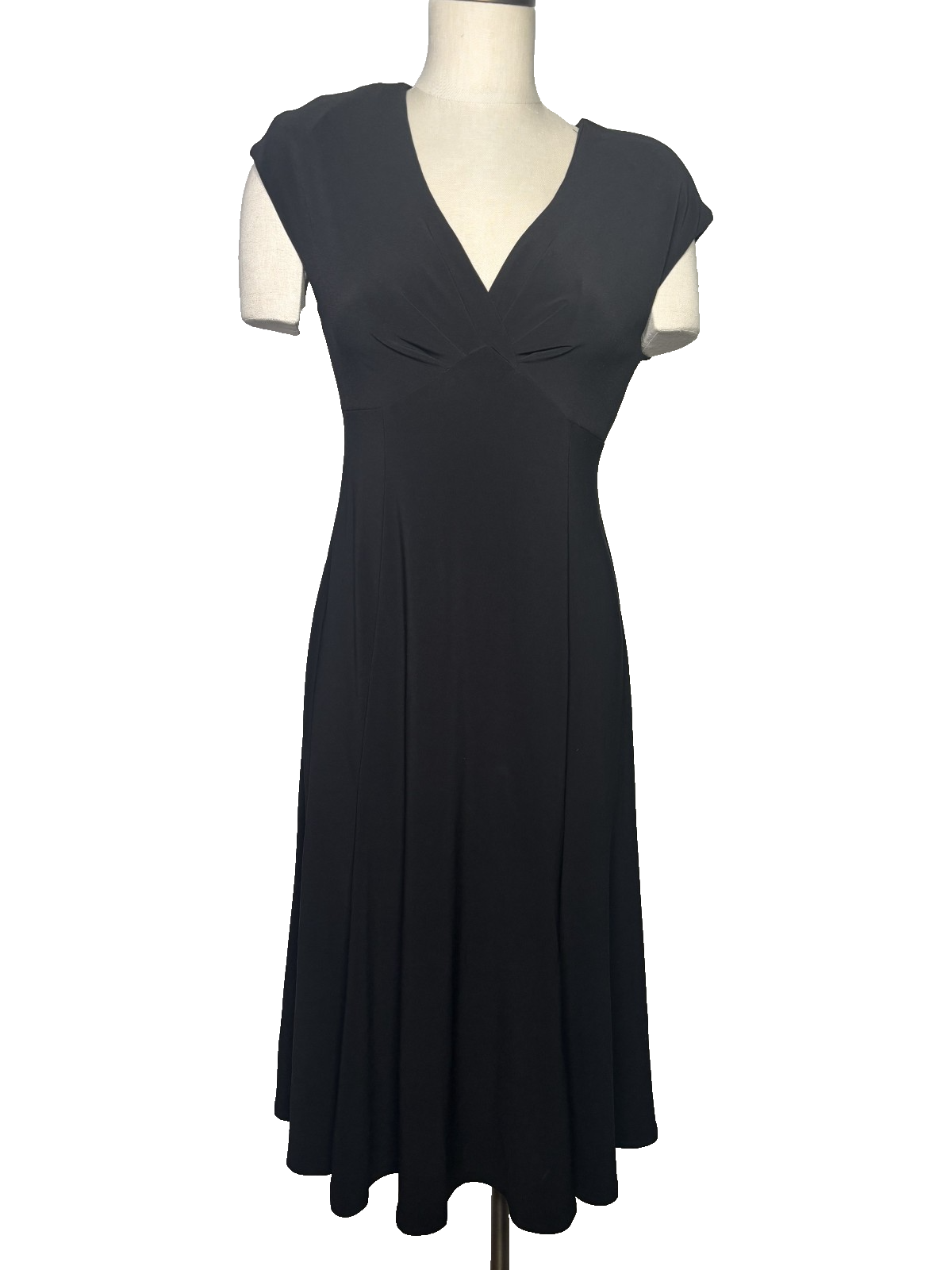 Jones New York Black Jersey A-Line Midi Dress V-Neck Cap Sleeve Size 8