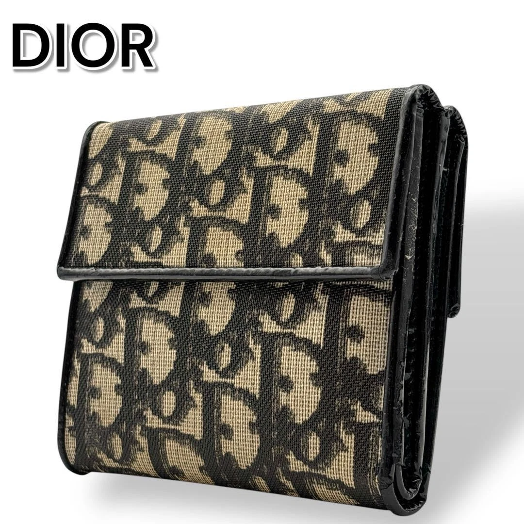 Authentique portefeuille compact Christian Dior motif trotteur double crochet tri pli