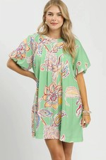 Umgee Boho Floral Print Mini Dress with Pockets - Sage - Medium