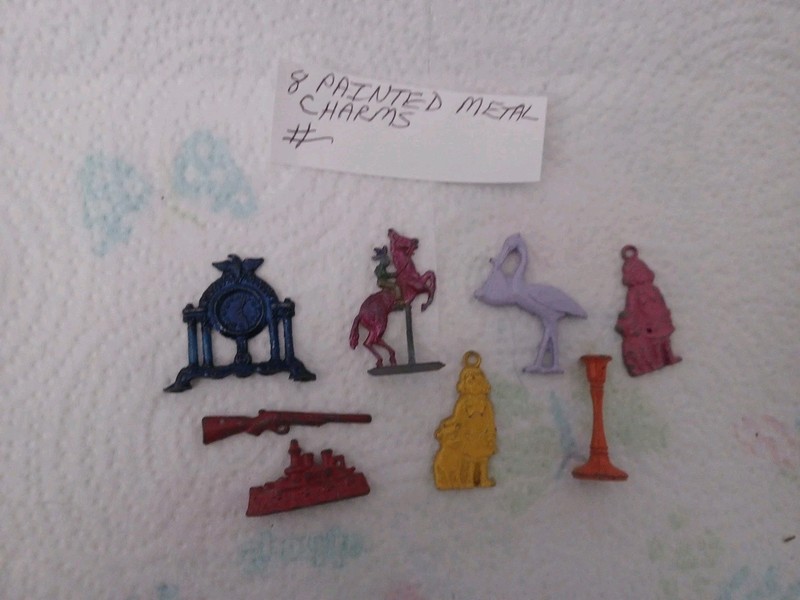 VINTAGE RARE LOT OF 8 PAINTED METAL CHARMS POSSIBLY OLD CRACKER JACK PRIZES 