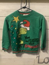 NWT Grinch Kid Holiday Themed Embroidery Soft Sweatshirt Christmas Ugly Sweater