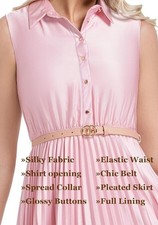 Elegant Sleeveless Pink Pleated Midi Dress w/ Belt & Button-Down Front-Able Tree