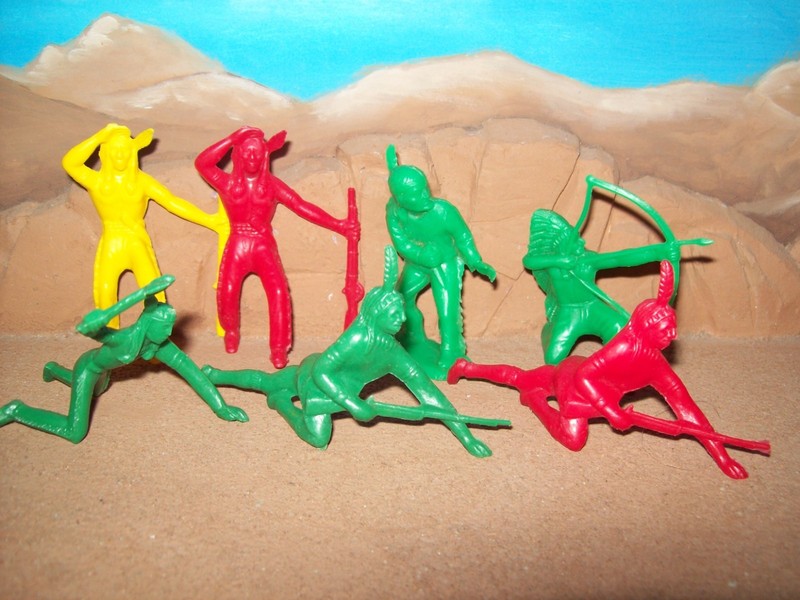 Lot of seven original, vintage Tim Mee 60mm Plains Indians in three colors, OP