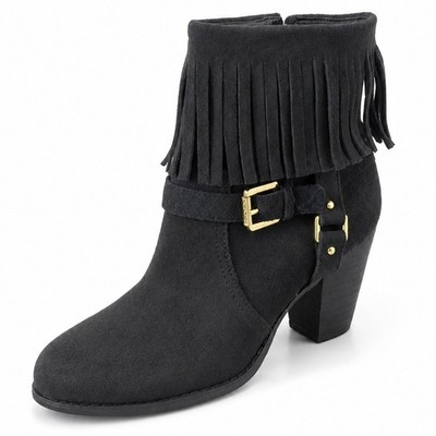 Lauren Ralph Lauren Mara Fringe Western Ankle Boots Women 9B Black Suede Leather