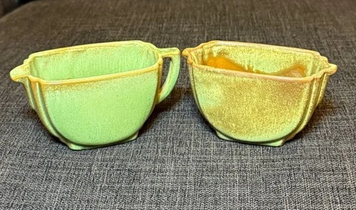 Vintage Frankoma BR-42 Creamer & Sugar Set Prairie Green Glaze ADA Clay 1942