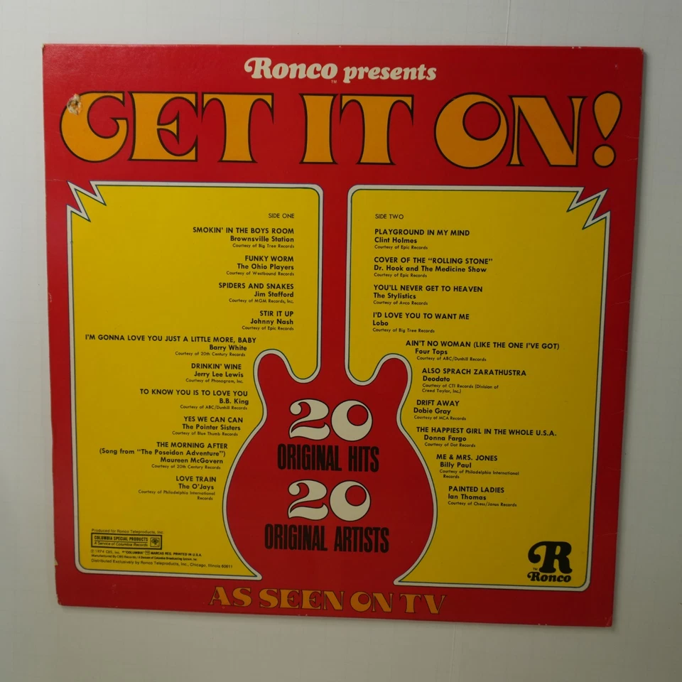 Ronco – Get It On! LP Vinyl 20 Original Hits/Artists 1970s Comp P1201 - Image 2 of 4