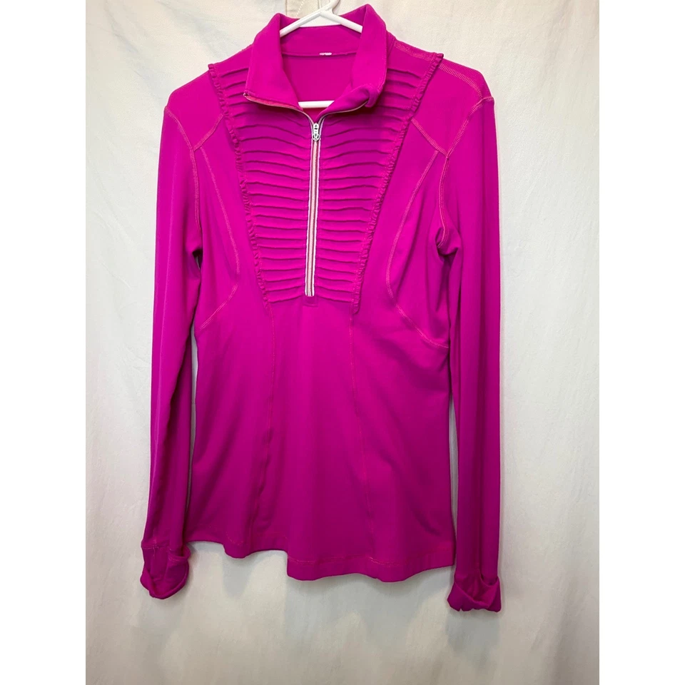 Jaqueta Pulôver Lululemon Coração Quente Paris Rosa Acabamento com Babado Meio Zíper Tamanho 8 - Imagem 2 de 4