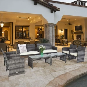 8PCS Patio Rattan Furniture Set Conversation Glass Table Top Cushioned Sofa