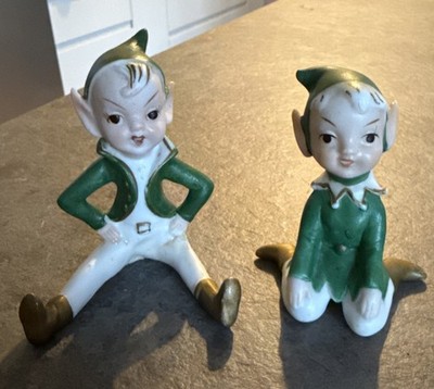 VINTAGE RETRO PAAR KERAMIK PIXIE FIGUREN IN GRÜN - JAPAN 1950 s
