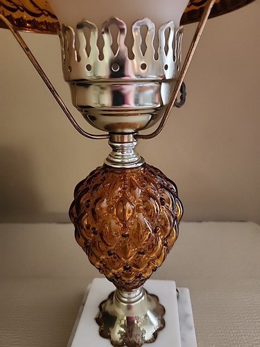 Vtg Fenton Glass Diamond Quilted Amber Parlor Lamp Working Granite Base Italy - Picture 4 of 10