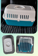 Plastic Pet Carrier Box with Front metal Door & Top Opening. Blue & white