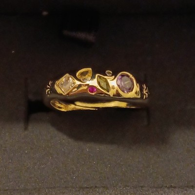 Gold Tone Multi-Stone Band Ring Purple Clear Yellow Stones Adjustable