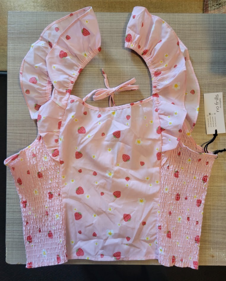 Y2K Pink Strawberry Ruffle Top Smocked Front Tie Blouse Size XL
