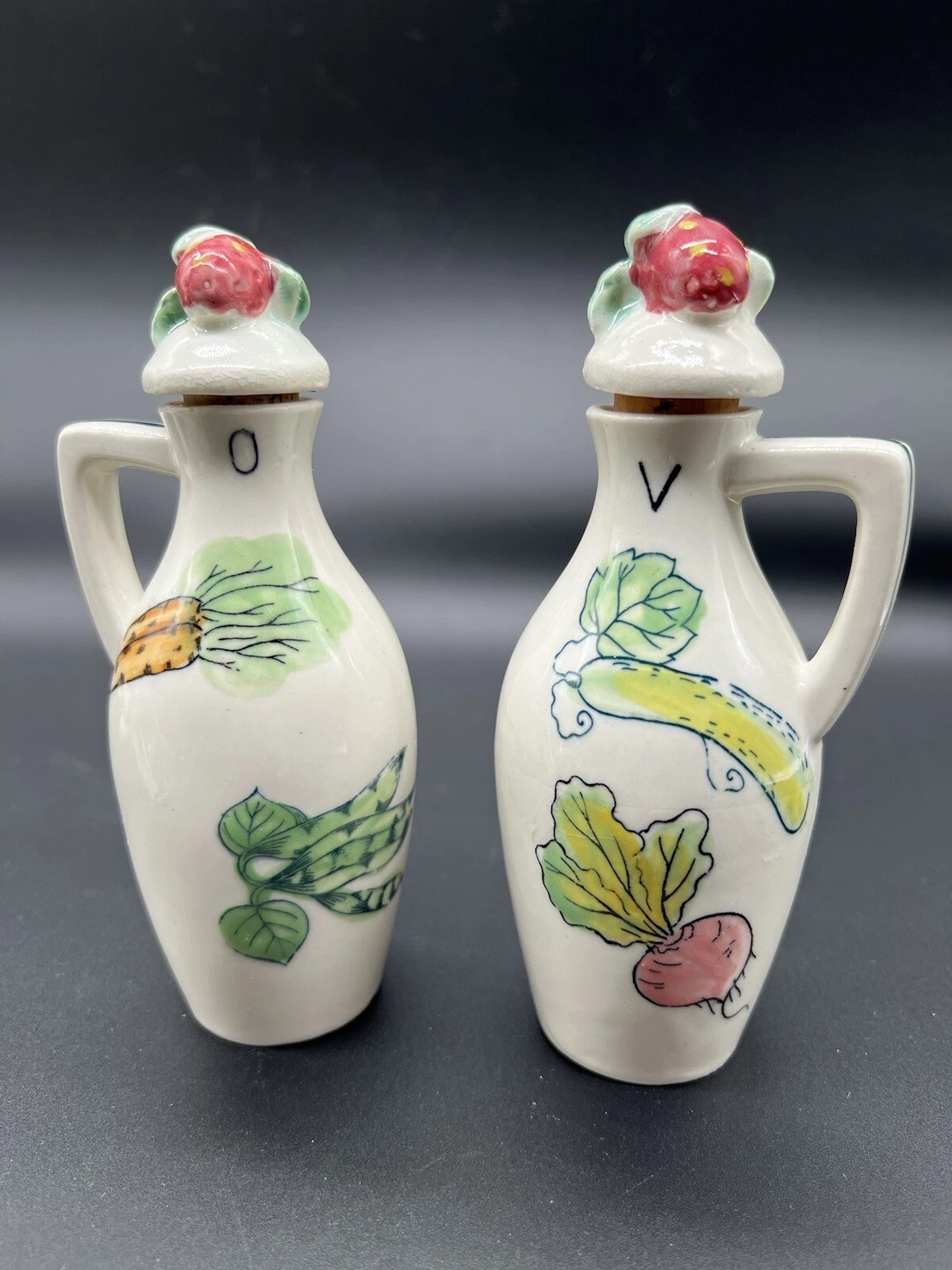 Vintage Olive Oil & Vinegar Bottles Cruets Veggies Carrots Peas Pickle Radish