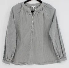 Time & Tru Top Women's Size 7 Gray White Stripe Button Collar and Sleeve Cotton