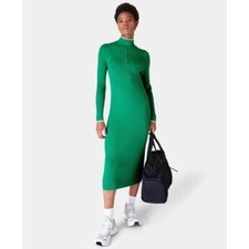 SWEATY BETTY Frame Knitted Midi Dress Vivid Green Sporty Ribbed Knit Size 12
