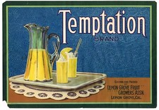 ETIQUETA DE CAJA GENUINA DE COLECCIÓN LEMON GROVE SAN DIEGO C1920 TENTACIÓN ROPA DE LIMONADA