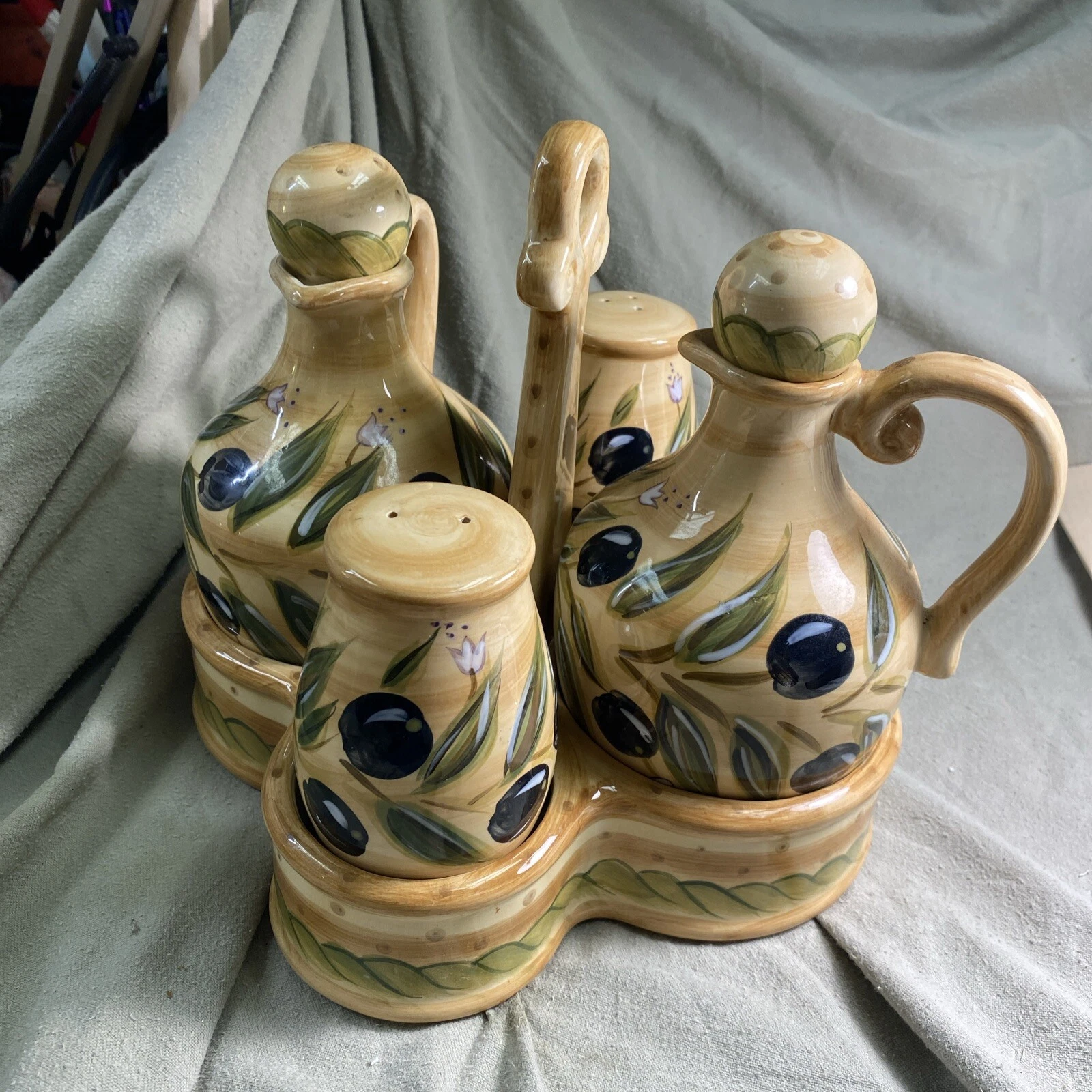 Tabletops Unlimited Provincial Olives Cruet Set Salt Pepper Oil Vinegar Caddy