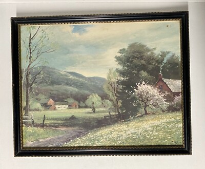 Vintage Robert Wood   Early Spring  Farm Hillside Scene Wood Frame Print 13 X 17