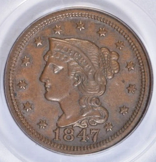 1847 CABELO TRANÇADO CENTAVO GRANDE ~ GOLPE AFIADO OGH PCGS AU58! - Imagem 3 de 4