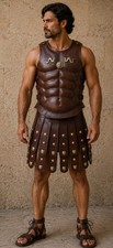 Roman Gladiator Muscle Armor Brown Leather Warrior Costume with Battle Skirt
