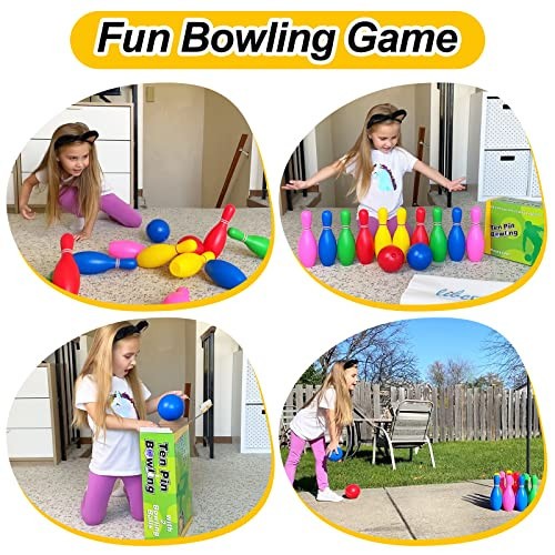 Toy Bowling Set for Kids Ages 2 3 4 5, Includes 10 Plastic Pins & 2 Multicolor - Picture 3 of 7