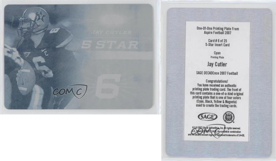 2006 SAGE Aspire 5 Star Printing Plate Cyan 1/1 Jay Cutler #FS-6 Rookie RC 2b2 - Image 3 of 3